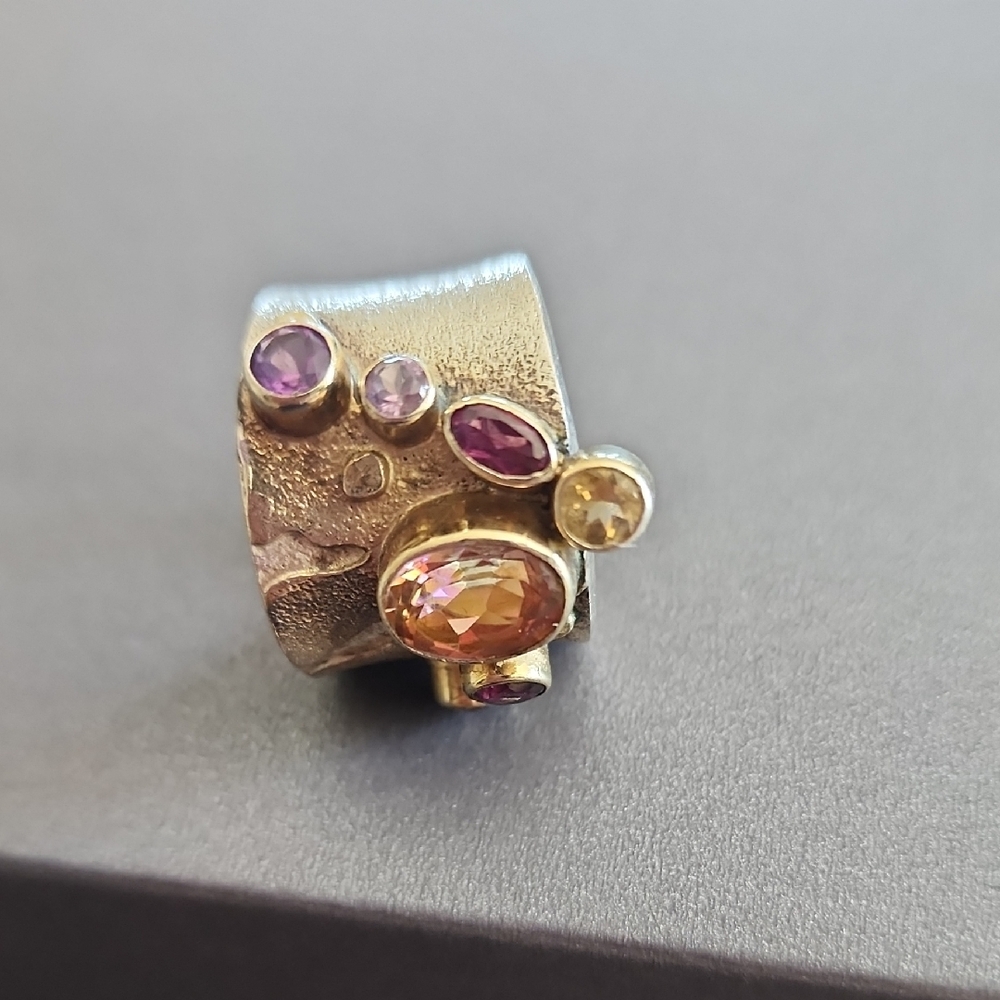 Artisan Silver and Gold Ring with Gemstones - Picture 2 of 4